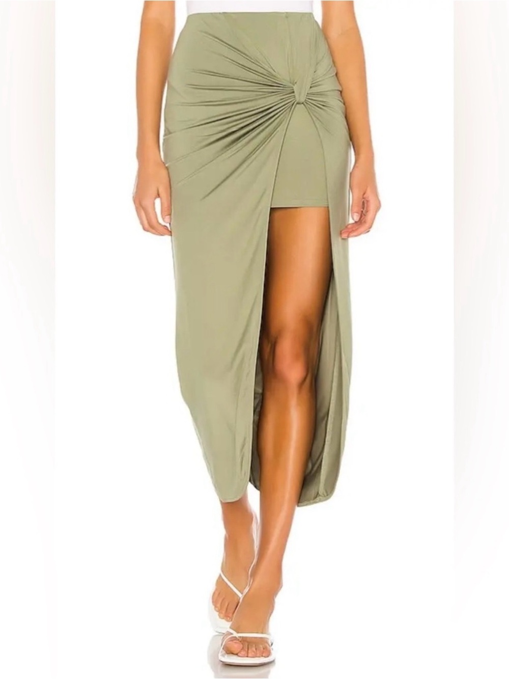 Revolve x Superdown Knot-Front Olive Green Midi Skirt with High Slit